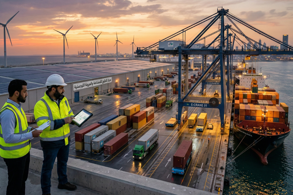 صورة مولدة عبر الذكاء الاصطناعي لميناء "أخضر" يحتوي على توربينات رياح وألواح طاقة شمسية، مع وجود مهندسين يراقبون كفاءة الطاقة، مما يربط بين الحفاظ على البيئة واستمرارية الأعمال.