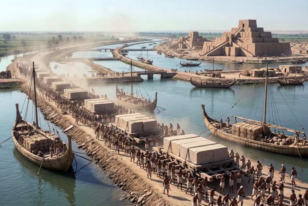 التاريخ السري للشرايين الخفية - اضغط لعرض الصورة بحجم كامل الصورة مولدة عبر الذكاء الاصطناعي. مشهد تاريخي مهيب لبناء حضارة قديمة (تشبه بلاد الرافدين)، حيث تُنقل الكتل الحجرية الضخمة عبر قنوات مائية وسفن خشبية بدائية، مما يجسد جذور الهندسة اللوجستية في العصور القديمة.