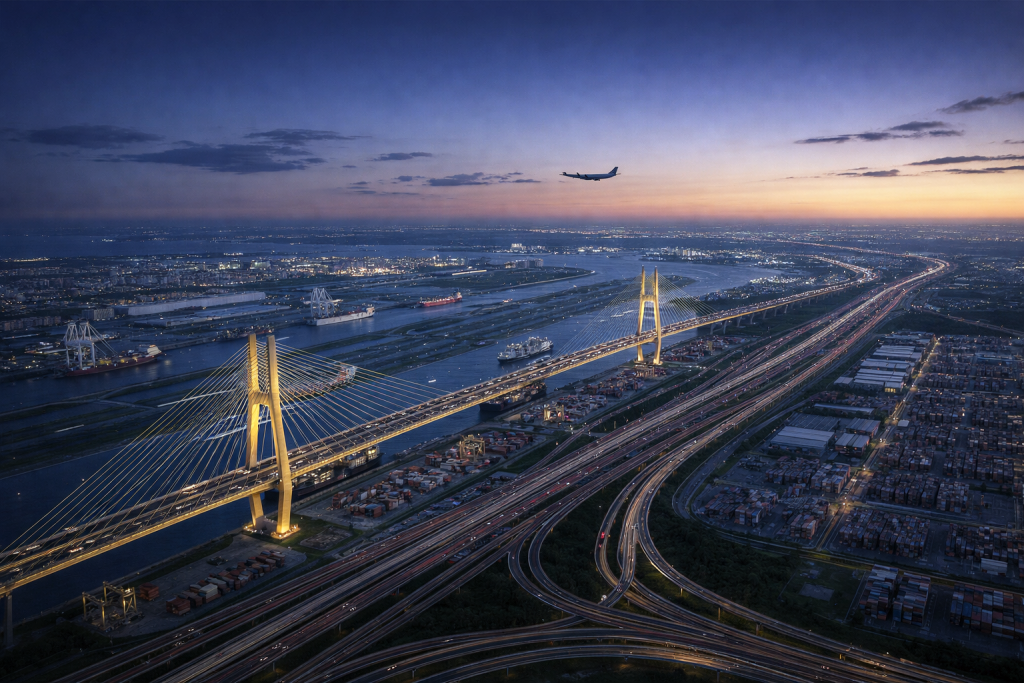 الجسر الذهبي: ربط الشرق بالغرب والشمال بالجنوب - اضغط لعرض الصورة بحجم كامل الصورة مولدة عبر الذكاء الاصطناعي. منظر علوي ليلي لجسر معلق ضخم ومضاء باللون الذهبي يربط بين ضفتي منطقة صناعية وميناء بحري، مع طائرة تحلق في الأفق، مما يرمز لاتصال أقطاب العالم عبر النقل الجوي والبري والبحري.