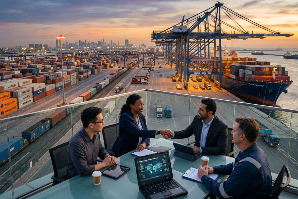 صورة مولدة عبر الذكاء الاصطناعي تظهر أربعة رجال وسيدات أعمال من خلفيات متنوعة يتصافحون حول طاولة اجتماعات في شرفة تطل على ميناء حاويات ضخم، تجسيداً لأهمية التعاون الدولي.