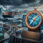 صورة مولدة عبر الذكاء الاصطناعي تظهر سفينة شحن ضخمة تواجه أمواجاً عاتية وعواصف رعدية، بينما تبرز في المقدمة بوصلة ذهبية عملاقة وشاشات رقمية متطورة ترمز للتوجيه الاستراتيجي في الأزمات الاقتصادية 