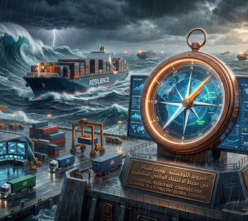 صورة مولدة عبر الذكاء الاصطناعي تظهر سفينة شحن ضخمة تواجه أمواجاً عاتية وعواصف رعدية، بينما تبرز في المقدمة بوصلة ذهبية عملاقة وشاشات رقمية متطورة ترمز للتوجيه الاستراتيجي في الأزمات الاقتصادية 
