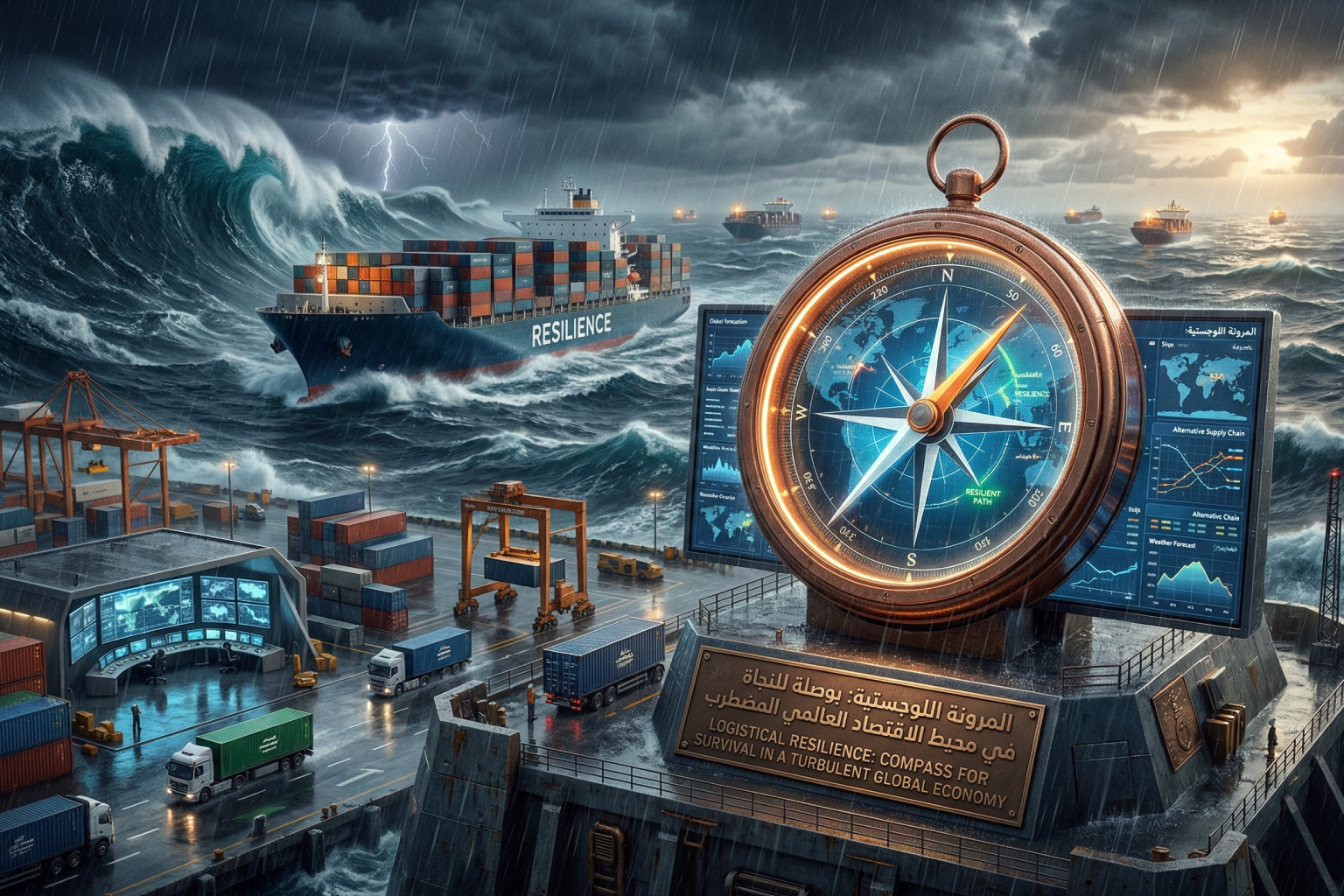 صورة مولدة عبر الذكاء الاصطناعي تظهر سفينة شحن ضخمة تواجه أمواجاً عاتية وعواصف رعدية، بينما تبرز في المقدمة بوصلة ذهبية عملاقة وشاشات رقمية متطورة ترمز للتوجيه الاستراتيجي في الأزمات الاقتصادية 