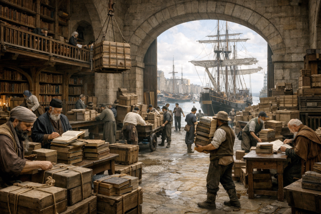 الموانئ الصامتة وضجيج الأفكار - اضغط لعرض الصورة بحجم كامل صورة مولدة عبر الذكاء الاصطناعي لمستودع كتب قديم يقع داخل ميناء حجري مهيب. يظهر العمال وهم ينقلون صناديق خشبية ثقيلة مليئة بالكتب تحت أقواس معمارية ضخمة، بينما ترسو السفن الشراعية في الخلفية. المشهد يجسد تحول المعرفة إلى بضاعة مادية يتم شحنها عبر البحار.