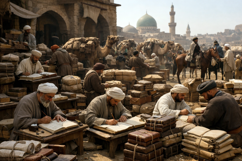 الورّاقون والميل الأخير في التوزيع - اضغط لعرض الصورة بحجم كامل صورة مولدة عبر الذكاء الاصطناعي لسوق مزدحم في مدينة تاريخية، حيث يتم تحميل القوافل والجمال برزم من الكتب والمخطوطات. الوراقون يعملون في الهواء الطلق، مما يمثل المرحلة النهائية لشركات الشحن القديمة لإيصال المعرفة للجمهور.