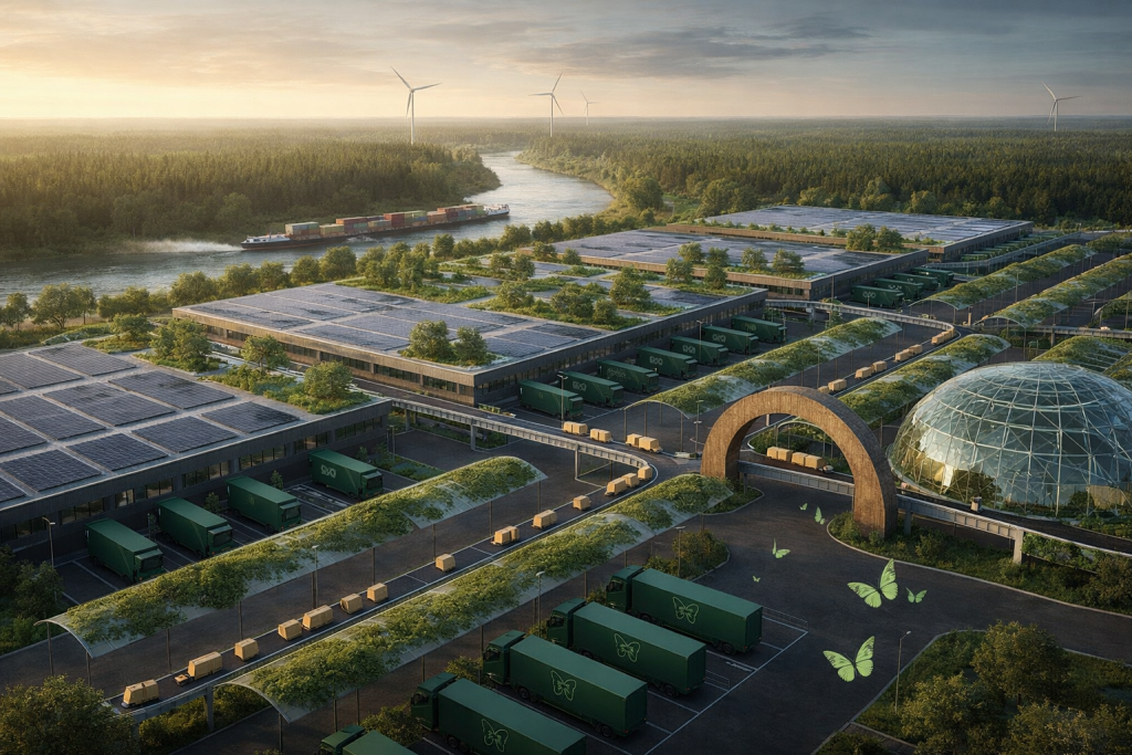 واحة اللوجستيات الخضراء: مستقبل النقل المستدام - اضغط لعرض الصورة بحجم كامل الصورة مولدة عبر الذكاء الاصطناعي. تُظهر مجمعاً لوجستياً وصناعياً فائق الحداثة يتبنى أعلى معايير الاستدامة البيئية؛ حيث تغطي الألواح الشمسية أسطح المباني بالكامل، وتحيط به غابات كثيفة وتوربينات رياح في الأفق. تظهر في الصورة شاحنات نقل خضراء وسفينة حاويات تعبر نهراً نظيفاً، مما يجسد التناغم المثالي بين الهندسة الميكانيكية، والخدمات اللوجستية، وحماية البيئة.