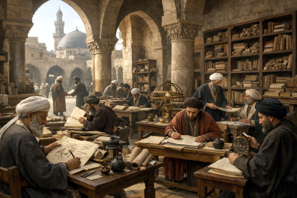 بغداد وبيت الحكمة: مصنع القيمة المضافة - اضغط لعرض الصورة بحجم كامل صورة مولدة عبر الذكاء الاصطناعي لداخل بيت الحكمة في بغداد، حيث يجلس العلماء والوراقون حول طاولات خشبية يترجمون ويكتبون المخطوطات. الأقواس الإسلامية والأدوات الفلكية تملأ المكان، مما يعكس عصر النهضة العلمي حيث كانت الكلمة هي الذهب الحقيقي.