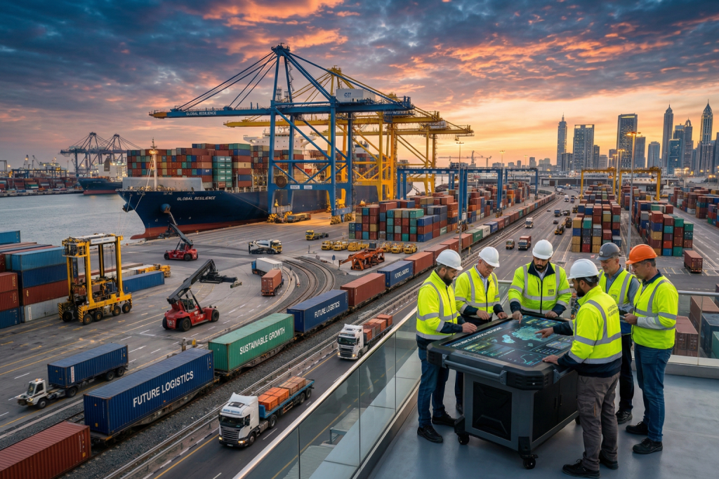 صورة مولدة عبر الذكاء الاصطناعي تظهر مجموعة من المهندسين والخبراء يلتفون حول طاولة رقمية في ميناء حديث يجمع بين الرافعات العملاقة وناطحات السحاب في الأفق، ليرسموا ملامح الجيل القادم من اللوجستيات.