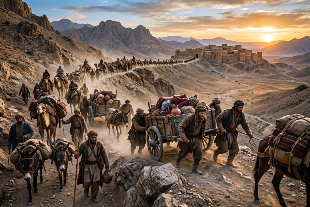 صورة مولدة عبر الذكاء الاصطناعي تجسد قافلة تجارية قديمة تضم جمالاً وعربات خشبية تجرها الخيول، تمر عبر طريق جبلي وعر باتجاه قلعة تاريخية عند غروب الشمس، لتعبر عن بدايات الإصرار اللوجستي.