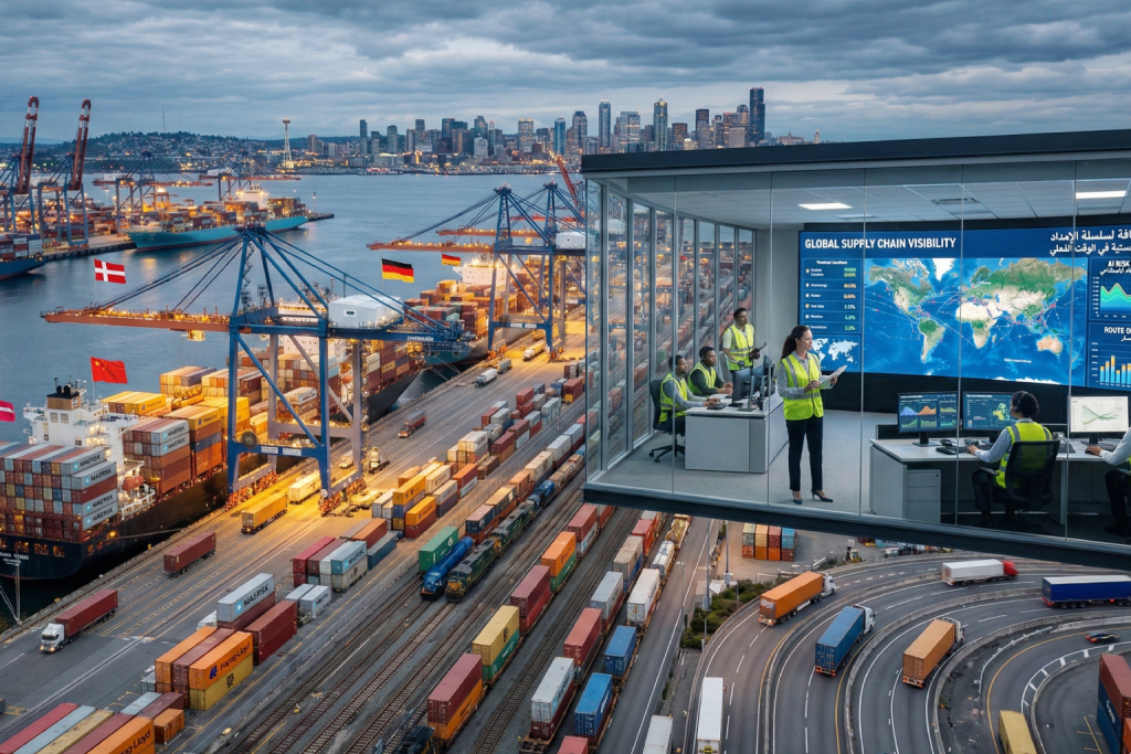 صورة مولدة عبر الذكاء الاصطناعي لميناء لوجستي متكامل يربط بين السفن والقطارات والشاحنات، مع وجود مكتب زجاجي معلق يراقب "رؤية سلسلة الإمداد العالمية" بوضوح تام.