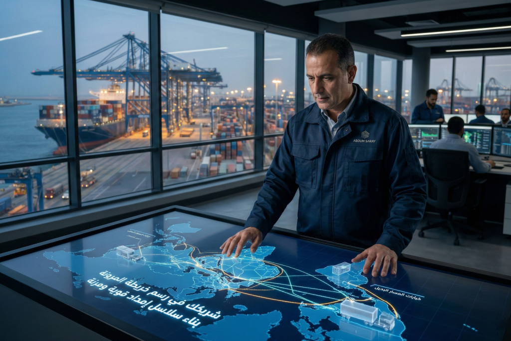 صورة مولدة عبر الذكاء الاصطناعي لرجل يقف امام شاشة عملاقة تظهر خارطة العالم والتنقلات التي تحدث بين الدول من استيراد وتصدير عبر الشاحنات والطيران والبحر