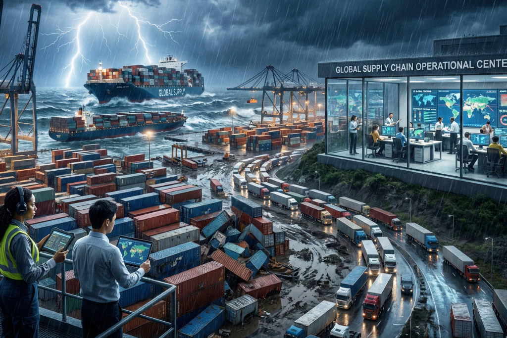 صورة مولدة عبر الذكاء الاصطناعي لمركز عمليات لوجستي حديث يطل على ميناء مزدحم تحت المطر والبرق، حيث يراقب الموظفون الشاشات لضمان تدفق الشاحنات والسفن رغم الظروف الجوية القاسية.