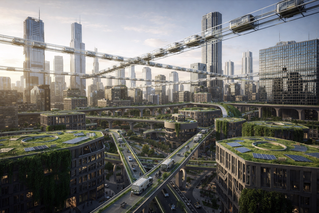 عندما ترتجف الأجنحة: الصدمات والتحديات العالمية - اضغط لعرض الصورة بحجم كامل الصورة مولدة عبر الذكاء الاصطناعي. مدينة مستقبلية عمودية تعتمد على جسور معلقة معقدة وقطارات مغناطيسية (Maglev) تمر بين ناطحات السحاب المكسوة بالخضرة، مما يعكس رؤية هندسية متطورة للنقل الحضري.