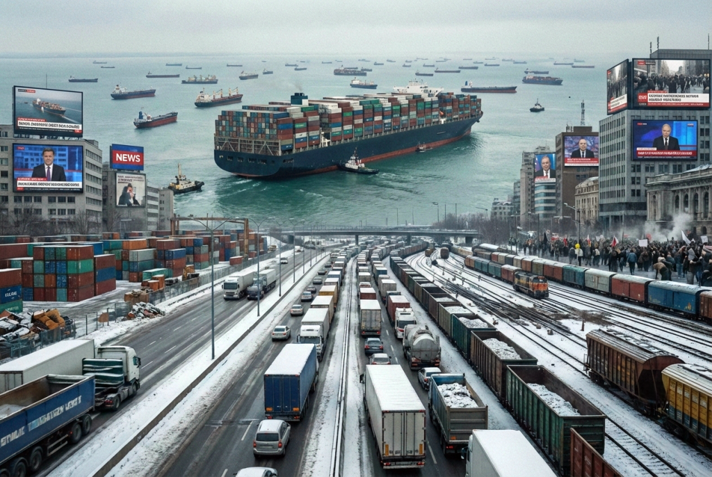 المدن كقلوب نابضة: اللوجستيات الحضرية والمستقبل - اضغط لعرض الصورة بحجم كامل الصورة مولدة عبر الذكاء الاصطناعي. مشهد شتوي يظهر ازدحاماً هائلاً للشاحنات والقطارات في منطقة صناعية مغطاة بالثلوج، مع شاشات إخبارية كبيرة تعرض تقارير عن أزمات عالمية وسفينة حاويات ضخمة عالقة في الخلفية.