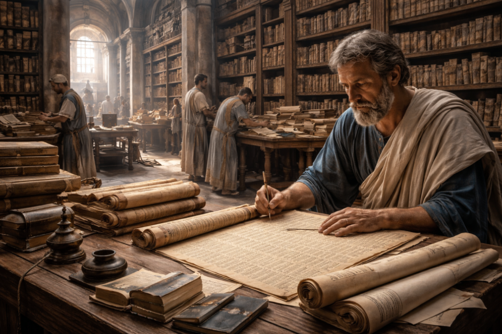 فهرسة العقول: نظام إدارة المستودعات القديم - اضغط لعرض الصورة بحجم كامل صورة مولدة عبر الذكاء الاصطناعي لمكتبة عملاقة ذات أسقف شاهقة، حيث ينهمك الوراقون في كتابة فهارس طويلة على لفائف ورقية. المشهد يوحي بالدقة والترتيب الصارم، وكأننا نرى النسخة الورقية من محركات البحث الحديثة.