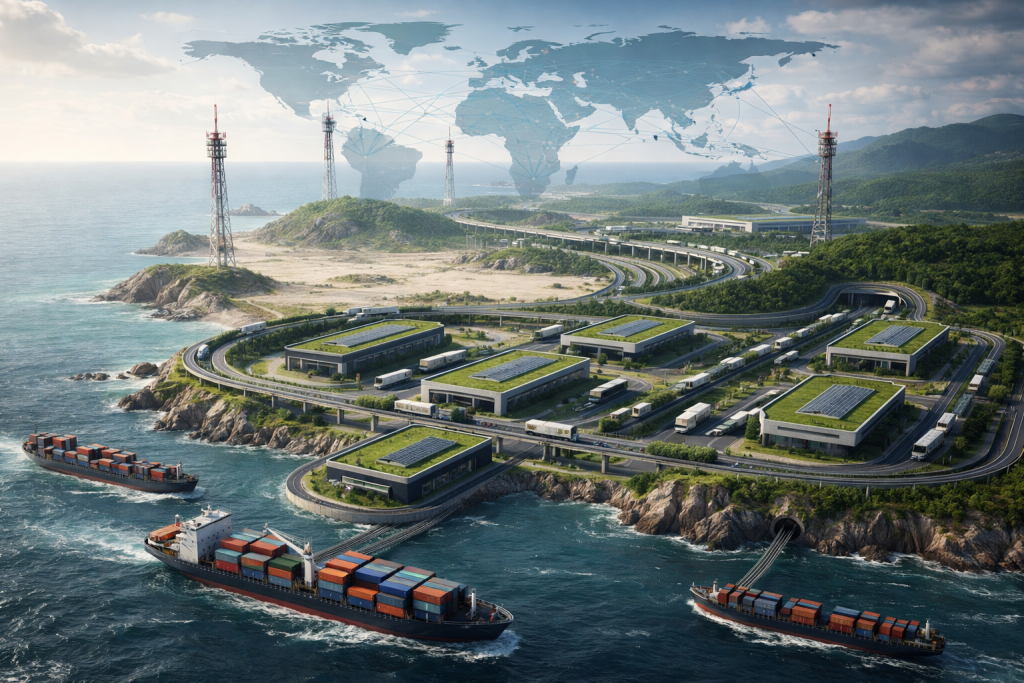 مرونة الخفاء: استراتيجيات التكيف والصمود - اضغط لعرض الصورة بحجم كامل الصورة مولدة عبر الذكاء الاصطناعي. منشآت لوجستية خضراء مدمجة في تضاريس ساحلية جبلية، مع خريطة عالمية رقمية تطفو في الأفق، مما يبرز مفهوم الاستدامة والمرونة في مواجهة التحديات الجغرافية والبيئية.