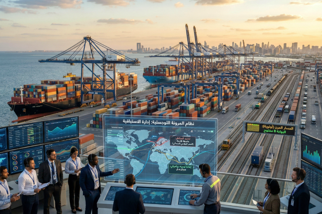 صورة مولدة عبر الذكاء الاصطناعي تظهر فريق عمل في ميناء عصري يقفون أمام شاشة هولوجرامية تفاعلية تعرض خريطة العالم ومسارات بديلة للسفن، مما يعكس مفهوم التخطيط الاستباقي.