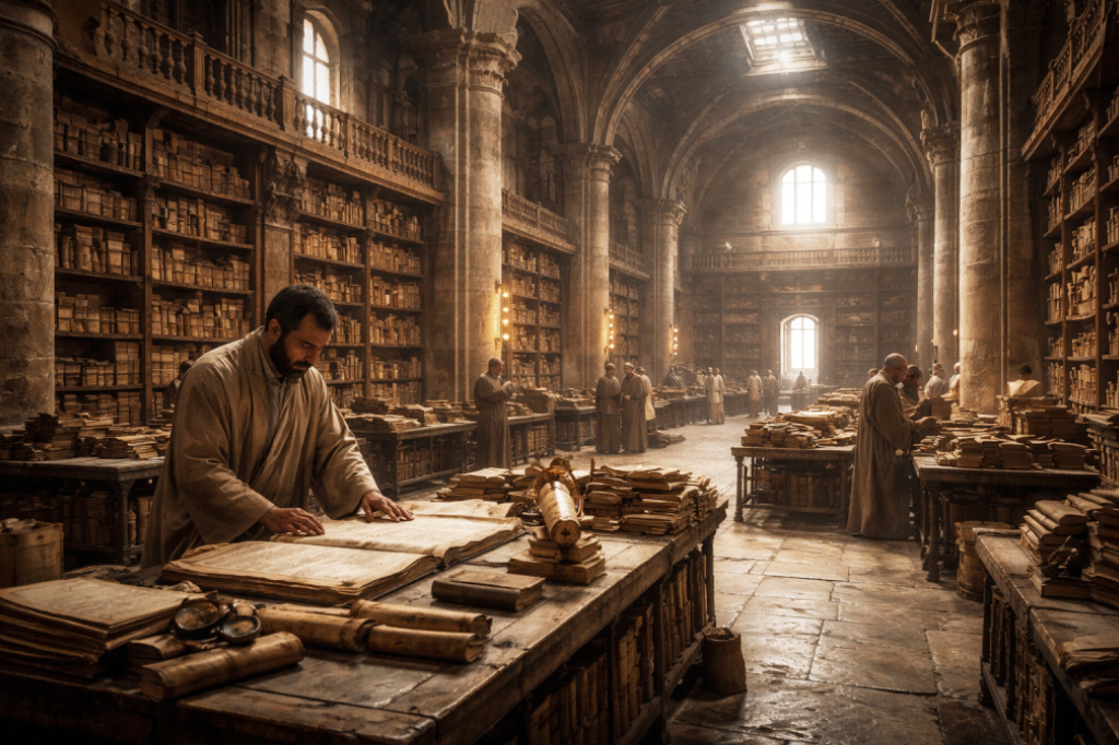 من أمين المكتبة إلى مدير العمليات - اضغط لعرض الصورة بحجم كامل صورة مولدة عبر الذكاء الاصطناعي لرجل يقف أمام طاولة ضخمة مغطاة بالمخطوطات والكتب في قاعة مكتبة كبرى. يبدو وكأنه يدير "مركز توزيع" وليس مجرد مكتبة، حيث تتراكم الكتب حوله في انتظار التصنيف أو التوزيع.