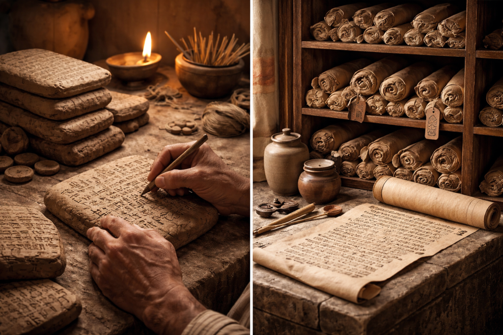 من الطين إلى البردي: هندسة الحاويات المعرفية - اضغط لعرض الصورة بحجم كامل صورة مولدة عبر الذكاء الاصطناعي مقسمة إلى جزئين؛ الأيمن يظهر يداً تنقش المسمارية على ألواح طينية تحت ضوء شمعة، والأيسر يظهر رفوفاً منظمة تضم لفائف البردي. هي مقارنة بصرية بين "الأقراص الصلبة" البدائية والتحول نحو وسائط تخزين أخف وزناً.