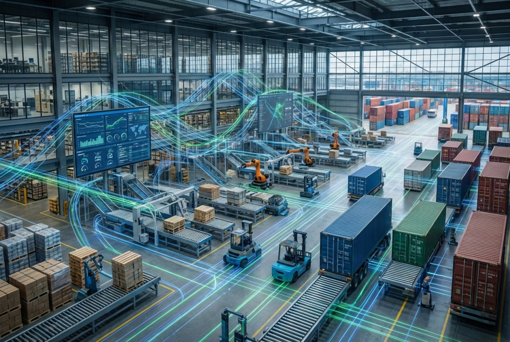 نسيج العنكبوت الرقمي: لوجستيات العصر الحديث - اضغط لعرض الصورة بحجم كامل الصورة مولدة عبر الذكاء الاصطناعي. مستودع ذكي فائق الحداثة مزود بأذرع روبوتية وشاشات مراقبة متطورة، وتظهر فوقه خيوط ضوئية متشابكة تمثل تدفق البيانات والذكاء الاصطناعي في إدارة المخازن والعمليات اللوجستية.