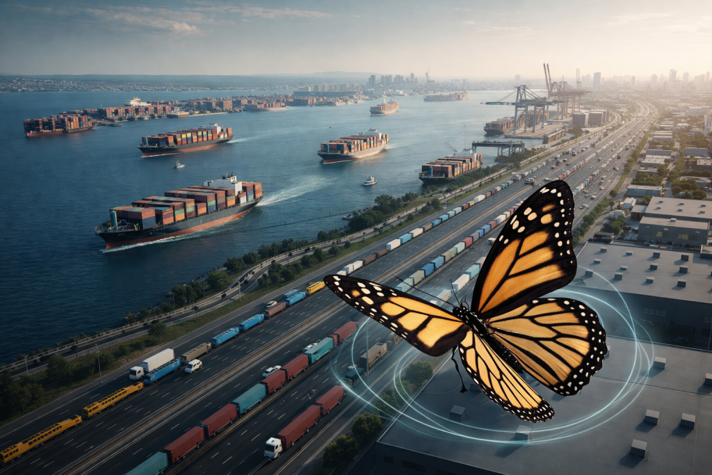 همس الفراشة في مهب الريح - اضغط لعرض الصورة بحجم كامل الصورة مولدة عبر الذكاء الاصطناعي. فراشة "مونارك" ضخمة تحلق فوق منطقة صناعية وخطوط نقل لوجستية مزدحمة بالسفن والحاويات، محاطة بهالات رقمية زرقاء توحي بالتأثير الفراشي (Butterfly Effect) في سلاسل التوريد العالمية.