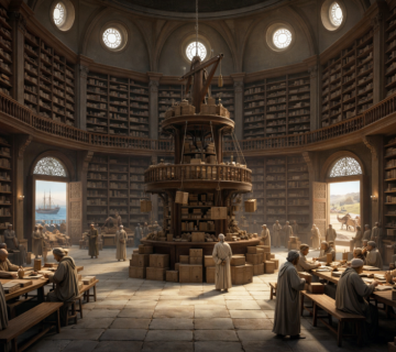 صورة مولدة عبر الذكاء الاصطناعي لمكتبة قديمة تعد من واحدة من المكتبات التي كانت منارة للحكمة والمعرفة في العصور الاسلامية القديمة