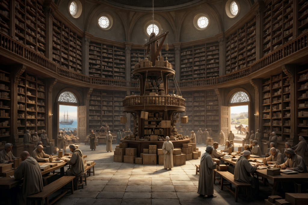 صورة مولدة عبر الذكاء الاصطناعي لمكتبة قديمة تعد من واحدة من المكتبات التي كانت منارة للحكمة والمعرفة في العصور الاسلامية القديمة