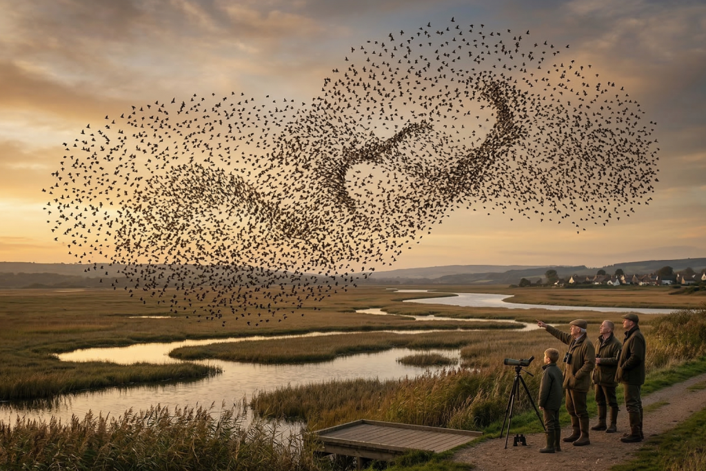 سيمفونية الطيران: حكمة السرب الجماعية أضغط من اجل عرض الصورة بشكل كامل تم توليد الصورة عن طريق الذكاء الاصطناعي. سرب هائل من الطيور يشكل لوحة فنية معقدة في السماء فوق منطقة رطبة (مستنقعات)، بينما يقف ثلاثة أشخاص وطفل يراقبون المشهد بإعجاب باستخدام المنظار، مما يجسد مفهوم "ذكاء السرب".