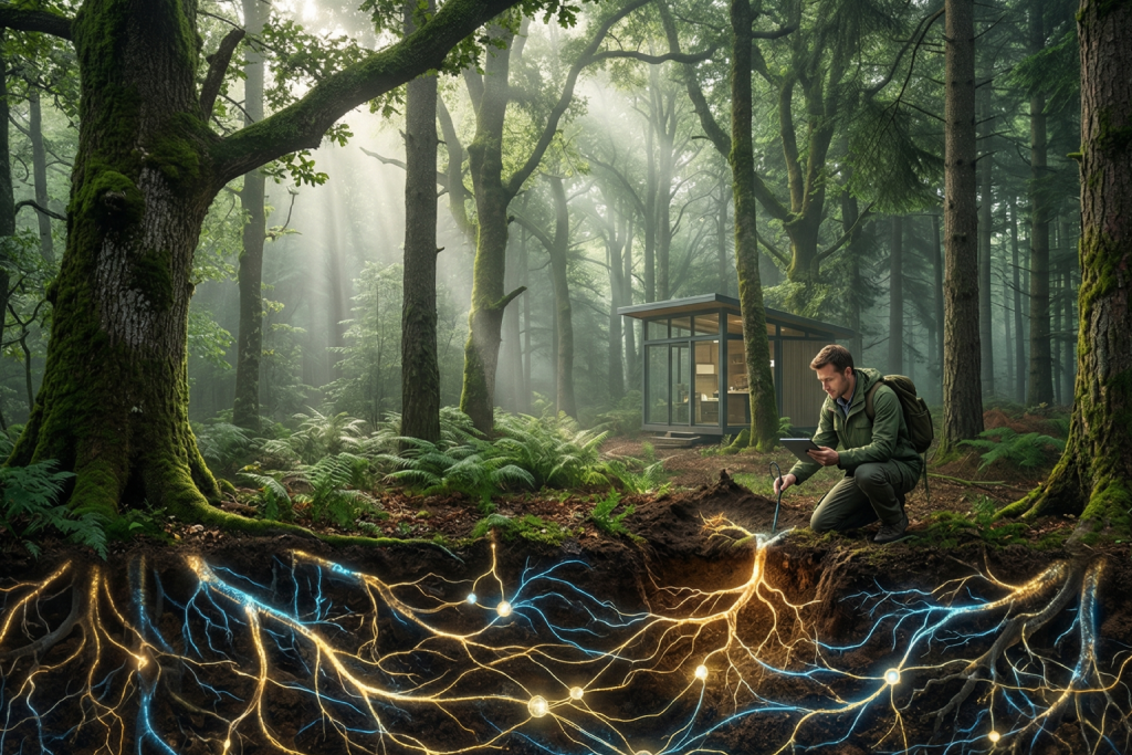صورة تم توليدها بالذكاء الاصطناعي
باحث يفحص جذورًا مضيئة متشابكة تحت الأرض داخل غابة، تمثل نظام توزيع طبيعي يشبه شبكات الإمداد الذكية.