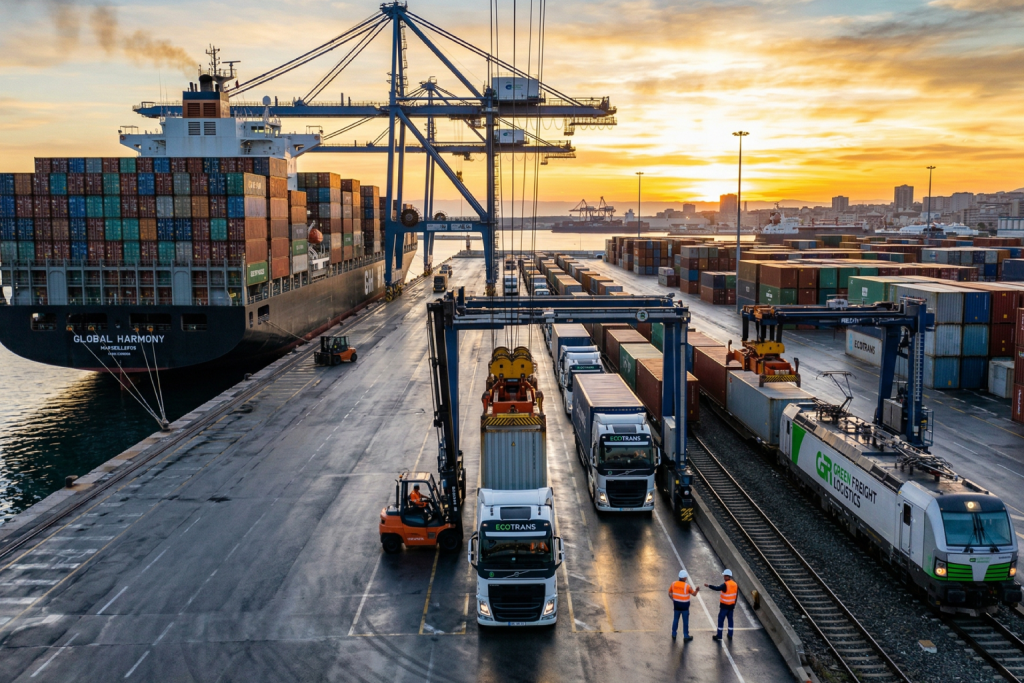 صورة تم توليدها بالذكاء الاصطناعي تُظهر نظرة شاملة من أعلى (عين طائر) على ميناء حاويات نشط ومزدحم في وقت الغروب (الغسق). ترسو سفينة حاويات ضخمة "Global Harmony" محملة بالبضائع، وتعمل رافعات حاويات زرقاء عملاقة على تفريغها. ساحة الميناء مليئة بصفوف من الحاويات الملونة وشاحنات نقل الحاويات التي تتحرك في الممرات. كما تظهر خطوط سكة حديد طويلة وقطار محمل بالحاويات وقاطرة كهربائية بيضاء وخضراء "Gat Freight Logistics" متوقفة على السكة. على اليسار، تظهر سيارة شحن ذاتية القيادة (AMR) وشاحنات نقل بيضاء "EcoTrans" متوقفة على الطريق. سماء الغروب البرتقالية والذهبية تضيء المشهد، مع سماء مليئة بسحب ركامية ملونة. اضغط لعرض الصورة بحجم كامل.