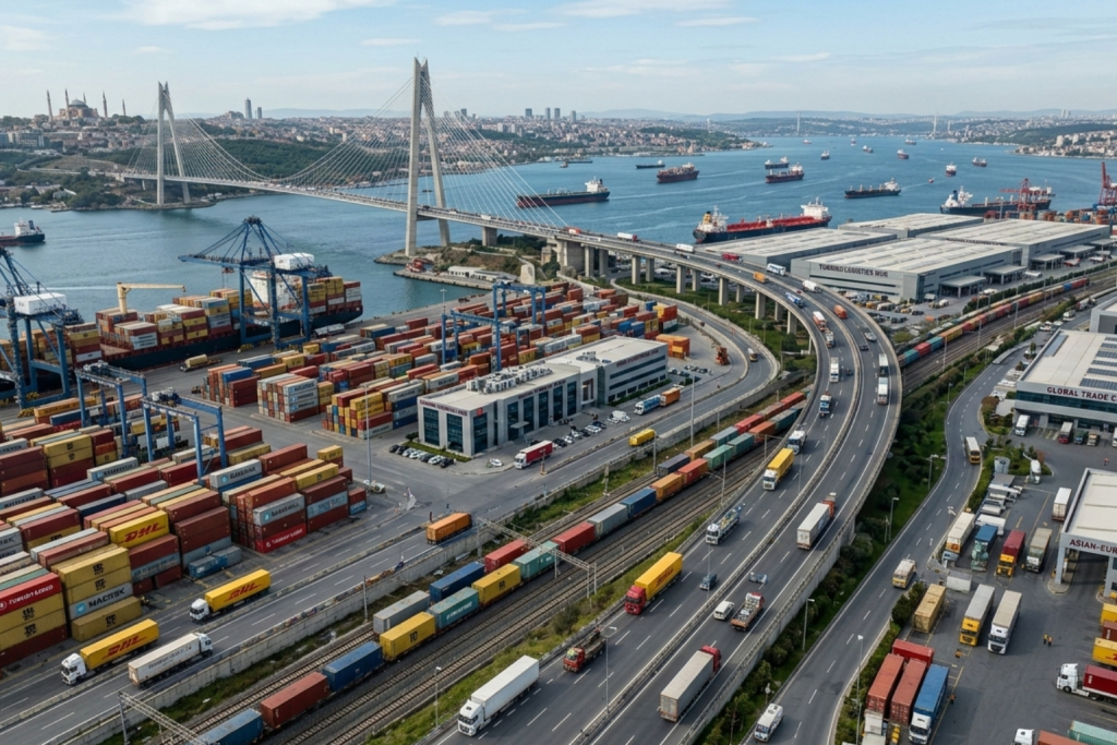 الصورة مولدة عبر الذكاء الاصطناعي: لقطة علوية لميناء تركي حديث تظهر فيه آلاف الحاويات الملونة وشاحنات النقل المنظمة، مع جسر معلق يربط بين قارتين فوق مضيق البوسفور المزدحم بالسفن.