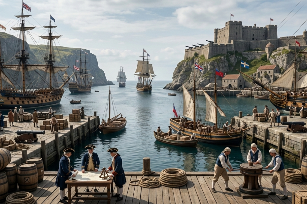 الصورة مولدة عبر الذكاء الاصطناعي: ميناء بحري يعج بالسفن الشراعية الضخمة والمدافع، مع ضباط بحريين يدرسون الخرائط على الرصيف الخشبي، مما يجسد عصر الاستكشاف والسيطرة البحرية.
