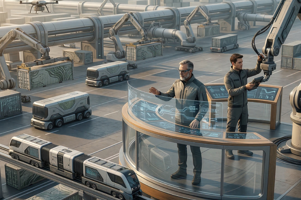 مستقبل الخدمات اللوجستية: رقابة بشرية وذكاء آلي أضغط من اجل عرض الصورة بشكل كامل تم توليد الصورة عن طريق الذكاء الاصطناعي. منظر علوي لمنشأة نقل وشحن مستقبلية مؤتمتة، يظهر فيها فنيّان في مقدمة الصورة على منصة مراقبة. أحدهما يستخدم واجهة هولوغرافية شفافة متطورة، والآخر يمسك بجهاز لوحي ويشرف على ذراع روبوتية. في الخلفية، تعمل رافعات أنبوبية ضخمة وأذرع روبوتية على نقل حاويات الشحن، بينما تتحرك شاحنات ذاتية القيادة وقِطار مغناطيسي متطور عبر المنشأة، مع تحليق طائرة درون في السماء. الجو العام نظيف ومستقبلي بلمسة صناعية.