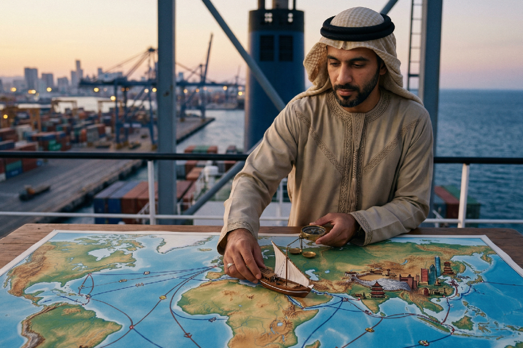 صورة مولدة بالذكاء الاصطناعي لرجل بزي عربي تقليدي يقف على ظهر سفينة حديثة، يضع نموذجاً لسفينة شراعية صغيرة فوق خريطة عالمية تفاعلية، في إشارة إلى الربط بين الجذور التاريخية والتجارة العالمية.