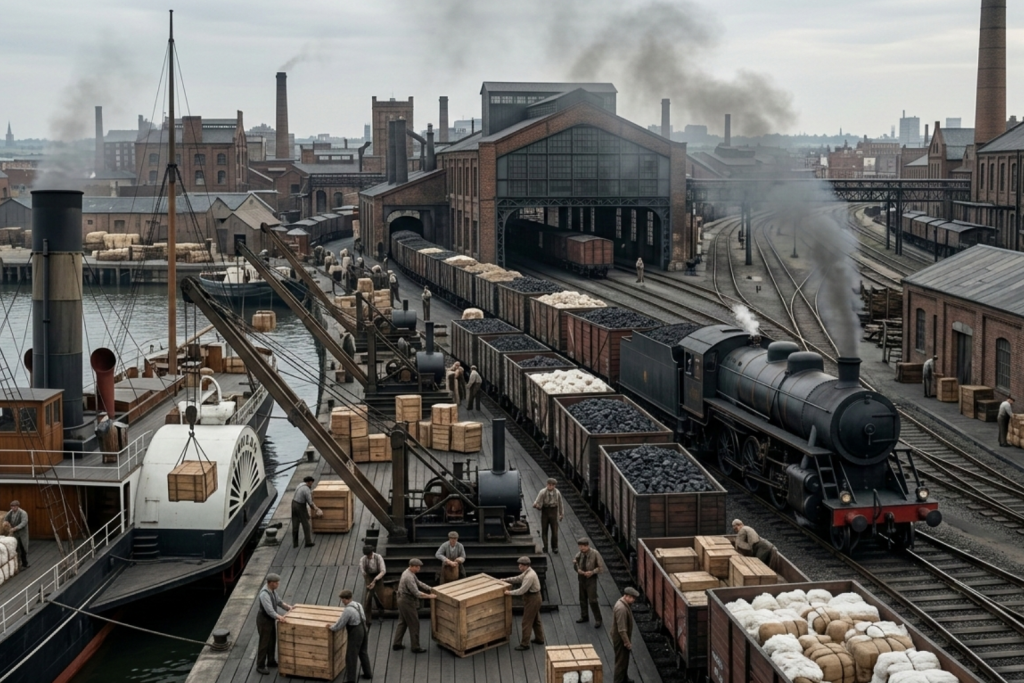 الصورة مولدة عبر الذكاء الاصطناعي: مشهد قاتم ومليء بالحركة لميناء صناعي قديم؛ تظهر فيه القطارات البخارية المحملة بالفحم والسفن البخارية، مع أدخنة المصانع التي تغطي الأفق والعمال يفرغون الصناديق الخشبية.