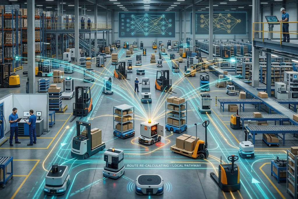 العقل الشبكي: اتخاذ القرار في الوقت الفعلي أضغط من اجل عرض الصورة بشكل كامل تم توليد الصورة عن طريق الذكاء الاصطناعي. روبوتات لوجستية في مستودع تتصل فيما بينها عبر خطوط إضاءة بيانية (Nodes)، وتظهر شاشة عرض ضخمة في الخلفية توضح شبكة عصبية اصطناعية تحاكي مسارات الحركة، مما يعكس مفهوم الذكاء اللامركزي.