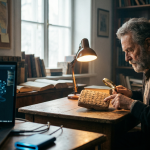 صورة مولدة بالذكاء الاصطناعي لرجل مسن بملامح وقورة يفحص لوحاً طينياً مسمارياً بعدسة مكبرة في مكتبة كلاسيكية، بينما تظهر شاشة حاسوب حديثة بجانبه تعرض بيانات برمجية معقدة، مما يجسد تلاقي التاريخ بالتقنية 