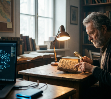 صورة مولدة بالذكاء الاصطناعي لرجل مسن بملامح وقورة يفحص لوحاً طينياً مسمارياً بعدسة مكبرة في مكتبة كلاسيكية، بينما تظهر شاشة حاسوب حديثة بجانبه تعرض بيانات برمجية معقدة، مما يجسد تلاقي التاريخ بالتقنية 