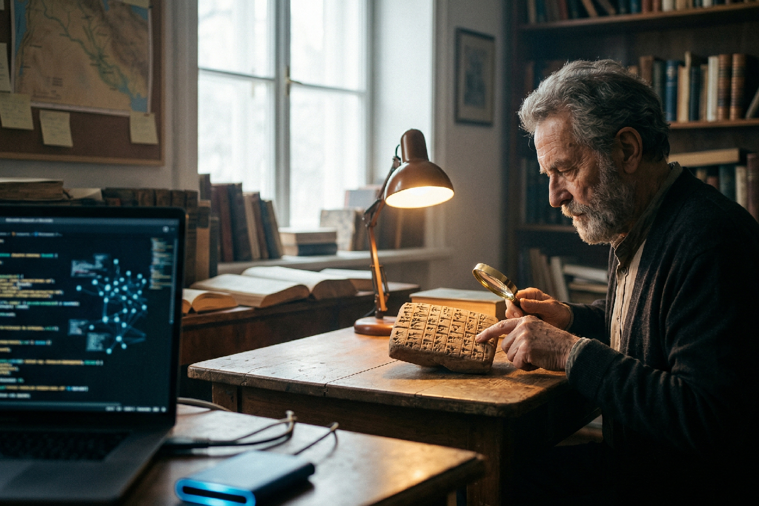 صورة مولدة بالذكاء الاصطناعي لرجل مسن بملامح وقورة يفحص لوحاً طينياً مسمارياً بعدسة مكبرة في مكتبة كلاسيكية، بينما تظهر شاشة حاسوب حديثة بجانبه تعرض بيانات برمجية معقدة، مما يجسد تلاقي التاريخ بالتقنية 