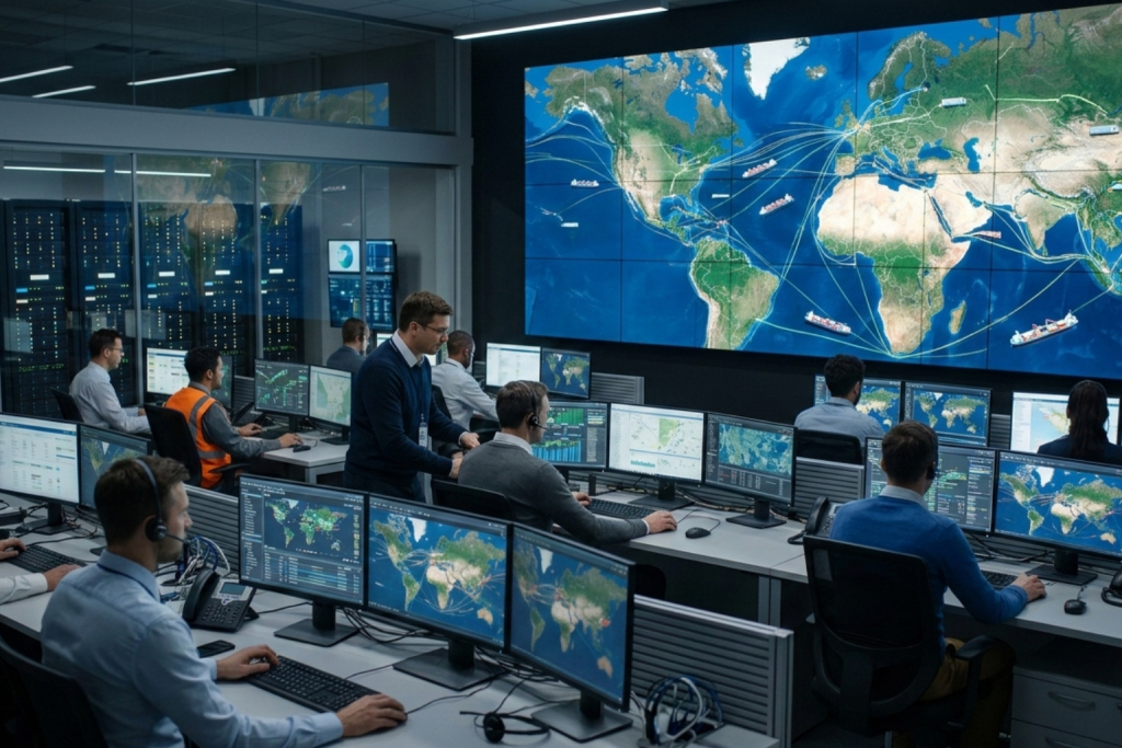 الصورة مولدة عبر الذكاء الاصطناعي: مركز عمليات حديث جداً يمتلئ بالشاشات العملاقة التي تعرض خرائط تدفق السفن والبيانات حول العالم، مع موظفين يعملون على أجهزة الكمبيوتر في بيئة تقنية متطورة.