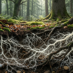 صورة تم توليدها بالذكاء الاصطناعي شبكة جذور متوهجة تحت سطح الغابة تشبه نظامًا عصبيًا مترابطًا يرمز إلى تدفق البيانات والموارد في العمق 