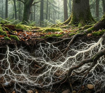 صورة تم توليدها بالذكاء الاصطناعي شبكة جذور متوهجة تحت سطح الغابة تشبه نظامًا عصبيًا مترابطًا يرمز إلى تدفق البيانات والموارد في العمق 