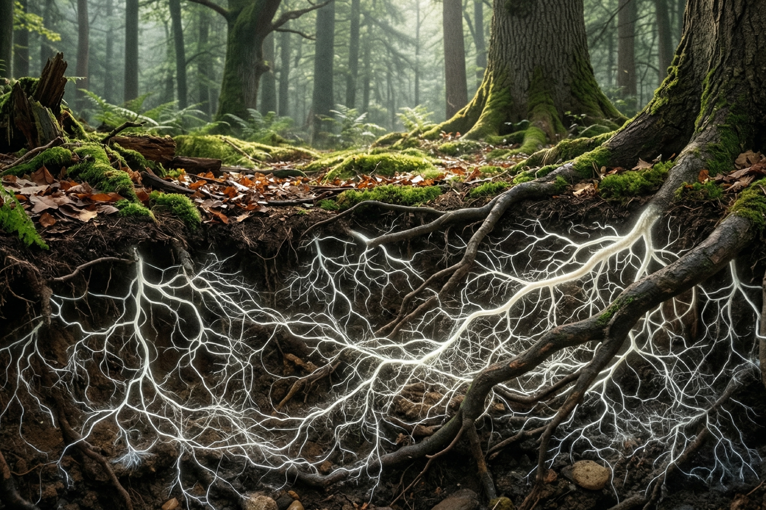 صورة تم توليدها بالذكاء الاصطناعي شبكة جذور متوهجة تحت سطح الغابة تشبه نظامًا عصبيًا مترابطًا يرمز إلى تدفق البيانات والموارد في العمق 