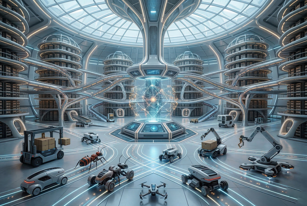 مستودع المستقبل: الخلايا اللوجستية الذكية أضغط من اجل عرض الصورة بشكل كامل تم توليد الصورة عن طريق الذكاء الاصطناعي. مستودع مستقبلي بتصميم دائري انسيابي يشبه خلايا النحل، يحتوي على أذرع روبوتية ومركبات ذاتية القيادة تتحرك عبر مسارات مضيئة، مع وجود "نملة آلية" عملاقة ترمز للاستلهام من الحشرات في اللوجستيات.