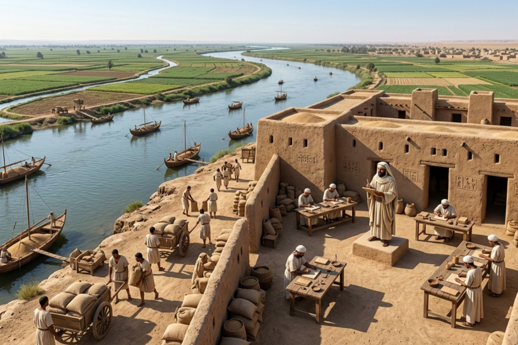 الصورة مولدة عبر الذكاء الاصطناعي: مشهد لنهر يضج بالحركة والسفن الشراعية القديمة، وعلى الضفة مبنى طيني يضم كَتَبة يسجلون الحسابات والبضائع، في إشارة إلى بداية التنظيم الإداري واللوجستي في الحضارات النهرية.