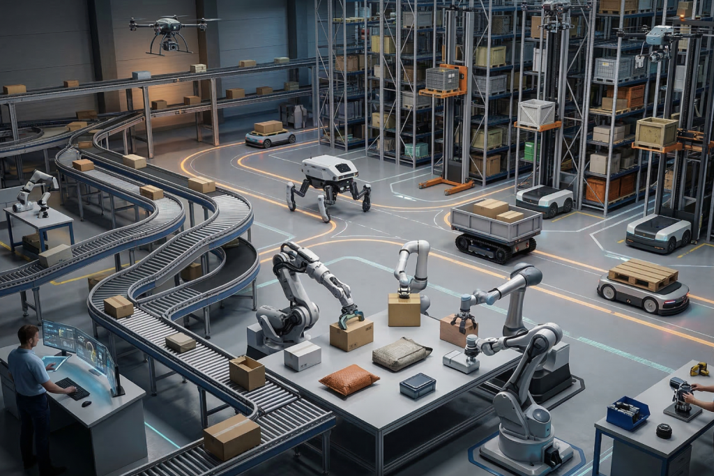 مرونة الحركة: تجاوز العوائق بذكاء أضغط من اجل عرض الصورة بشكل كامل تم توليد الصورة عن طريق الذكاء الاصطناعي. روبوت رباعي الأرجل (يشبه الكلب الآلي) يتحرك بمرونة داخل بيئة لوجستية معقدة بجانب سيور ناقلة وأذرع آلية، مما يبرز قدرة الروبوتات الحديثة على التكيف مع التحديات الفيزيائية.