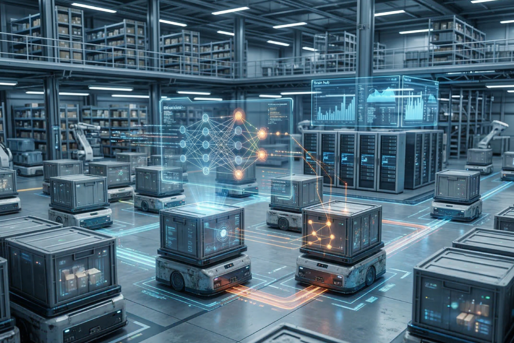 التعلم العميق: حين تفكر الصناديق أضغط من اجل عرض الصورة بشكل كامل تم توليد الصورة عن طريق الذكاء الاصطناعي. صناديق ذكية داخل مستودع متطور تظهر عليها واجهات رقمية لشبكات عصبية، مع وجود "مركز دماغ" رقمي (Brain Hub) يحلل البيانات والرسوم البيانية لضمان التكيف المستمر للآلات.