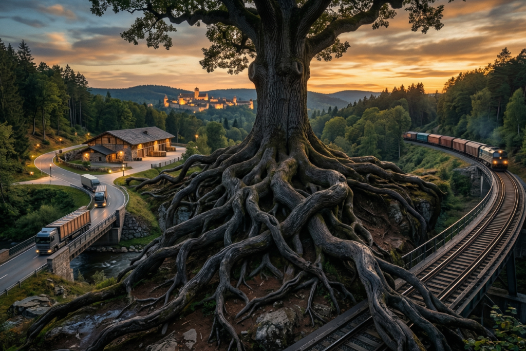 صورة تم توليدها بالذكاء الاصطناعي
شجرة ضخمة بجذور ممتدة فوق الأرض بجانب طرق وسكك حديدية، تعكس فكرة الترابط بين الطبيعة والبنية التحتية الحديثة.