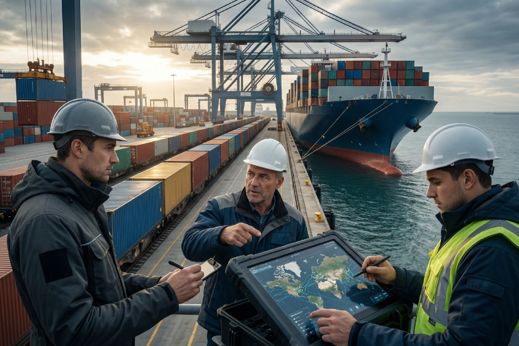 صورة تم توليدها بالذكاء الاصطناعي تُظهر ثلاثة عمال بناء يرتدون خوذات بيضاء وسترات عمل برتقالية وصفراء، ينظرون بتركيز إلى جهاز لوحي يعرض مخططات رقمية تفاعلية. يقفون على رصيف الميناء في موقع بناء ميناء حاويات حديث. في الخلفية، تظهر سفن حاويات ضخمة محملة بالبضائع، ورافعات حاويات زرقاء عملاقة تعمل على تفريغها، وساحات مليئة بصفوف من الحاويات الملونة. كما تظهر أعمال بناء جارية لخطوط سكة حديد ومباني الميناء، مع رافعة حفارة صفراء ورافعة متحركة زرقاء تعملان على تفريغ بضائع من قطار محمل بالحاويات. غروب الشمس البرتقالي الساطع يضيء المشهد، مع سماء مليئة بسحب ركامية ملونة. اضغط لعرض الصورة بحجم كامل.