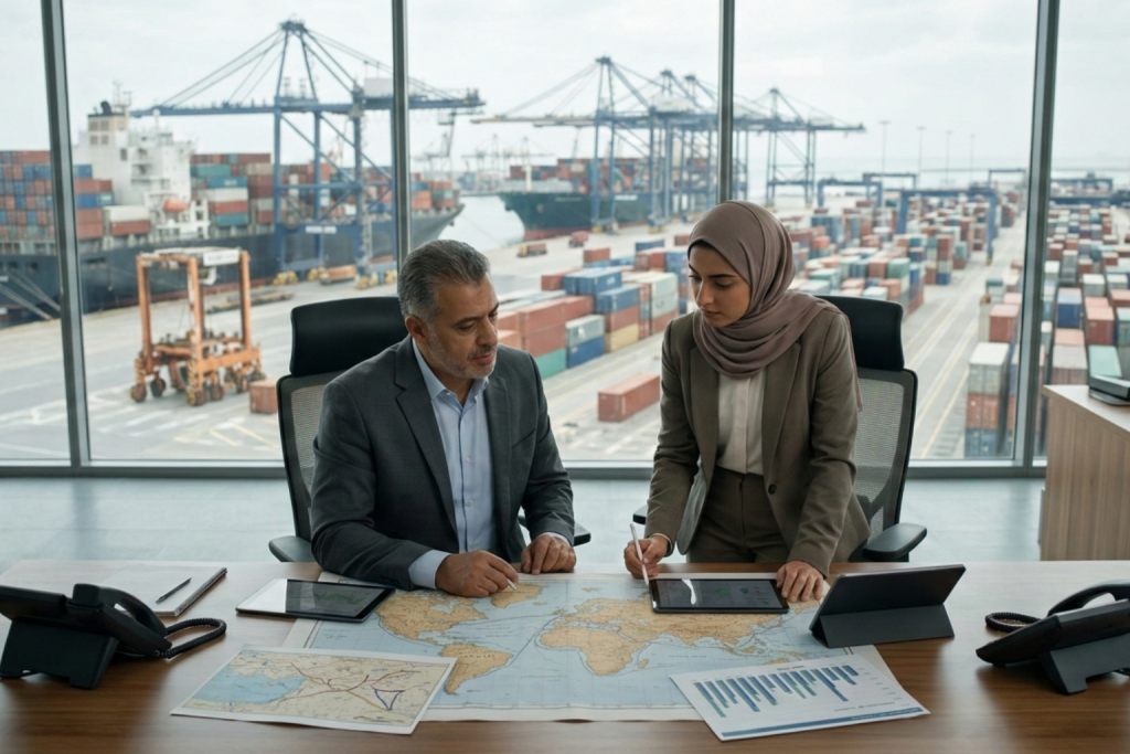 الصورة مولدة عبر الذكاء الاصطناعي: رجل وأمرأة بملابس رسمية حديثة يجلسان في مكتب عصري يطل على ميناء حاويات، يدرسان خرائط ورقية ورقمية معاً، في دمج بين الخبرة التقليدية والأدوات التكنولوجية.